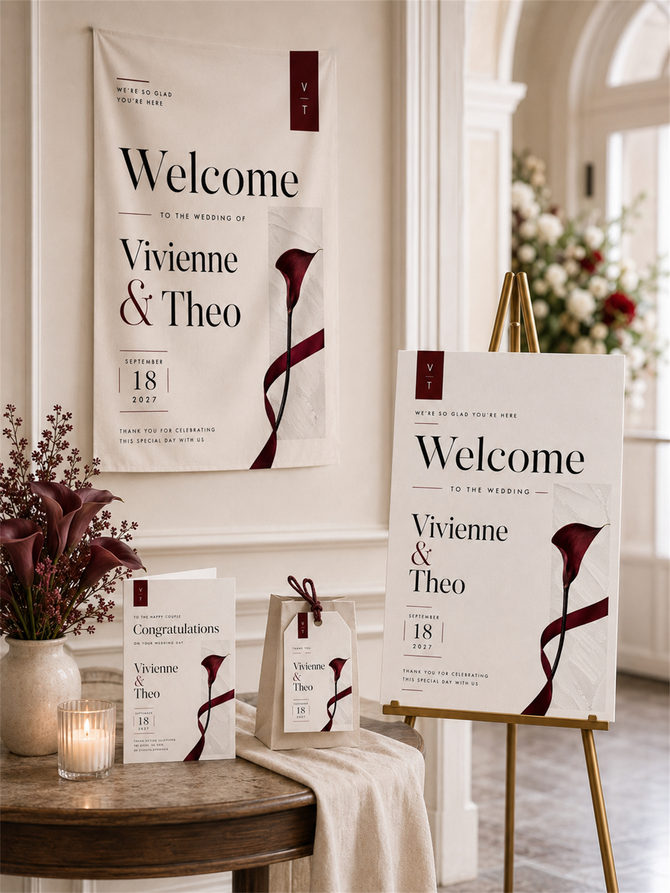 Elegant Custom wedding Set - Wine Red Carnation Wedding Series, suitable for ceremony and banquet decoration